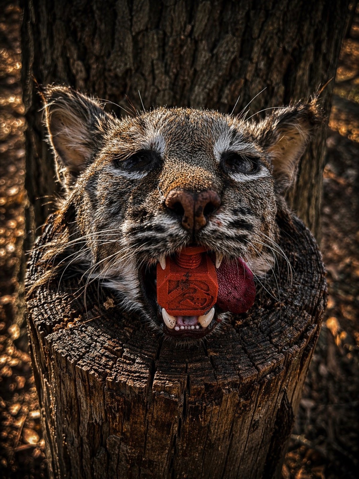 Bobcat on tree stump with Brick Red Last Bite tool