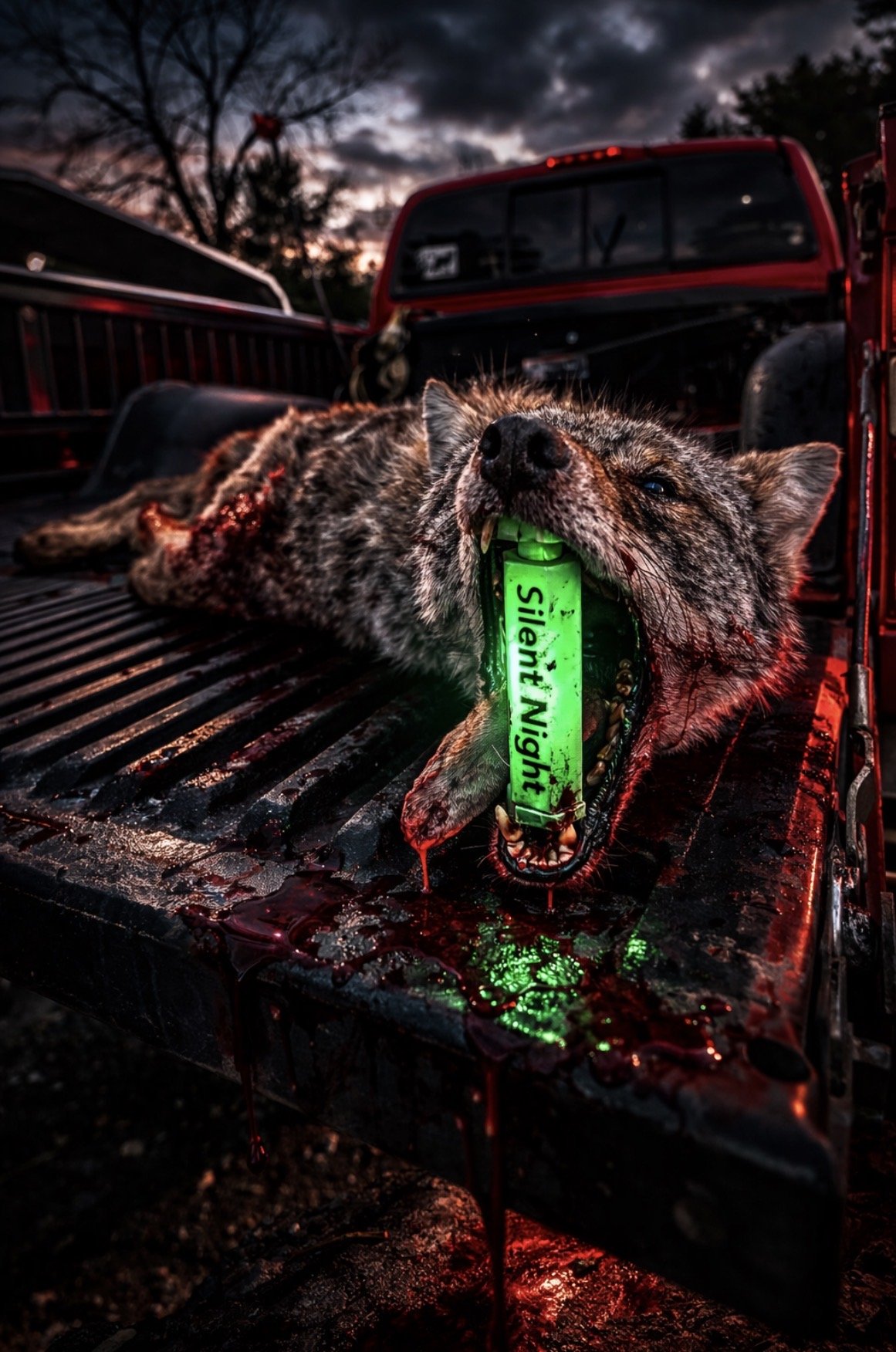 Coyote in truck bed with Glow Last Bite engraved Silent Night